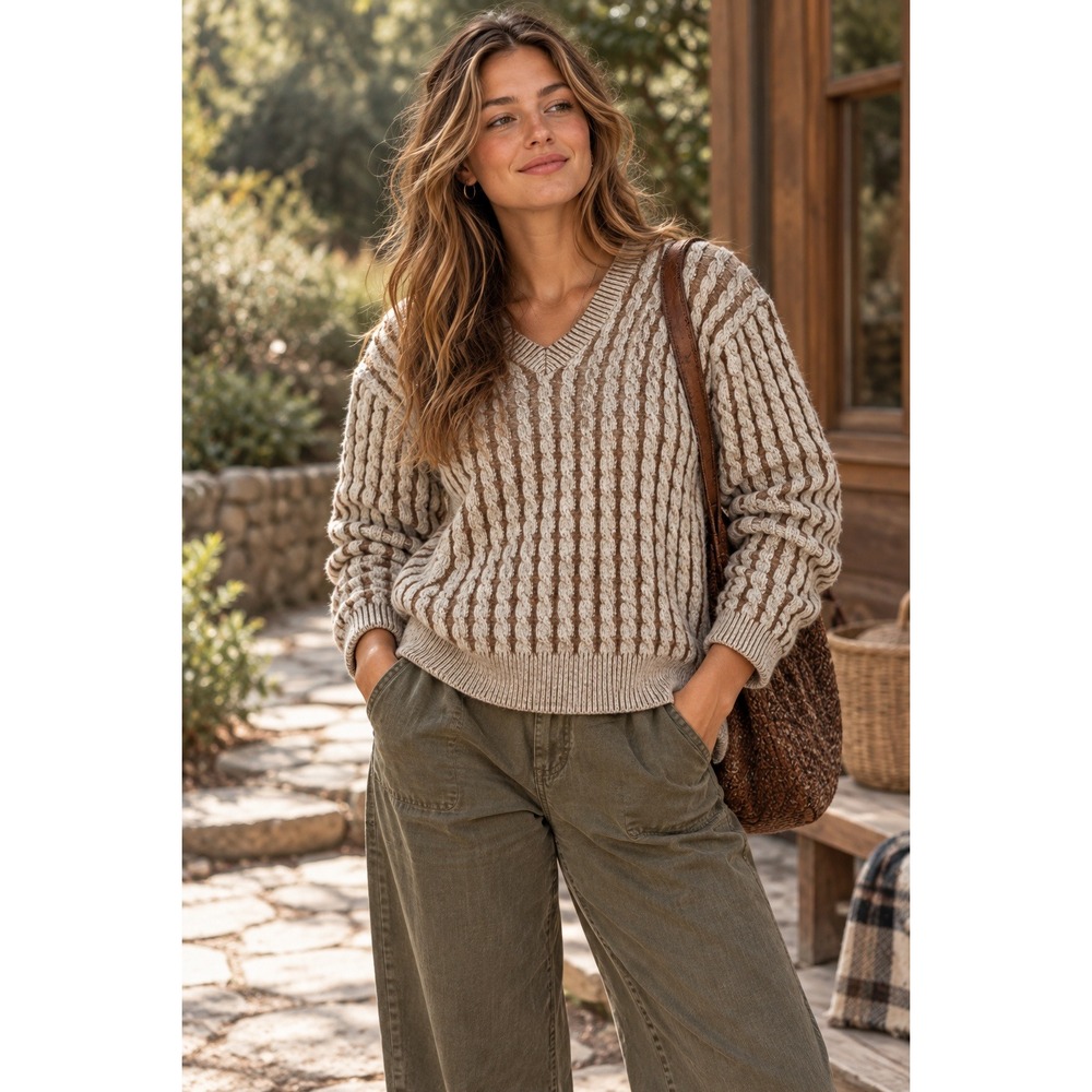 Lumiere Cable Knit Sweater Womens M Tan Cream V-Neck Preppy Coastal Granola Girl